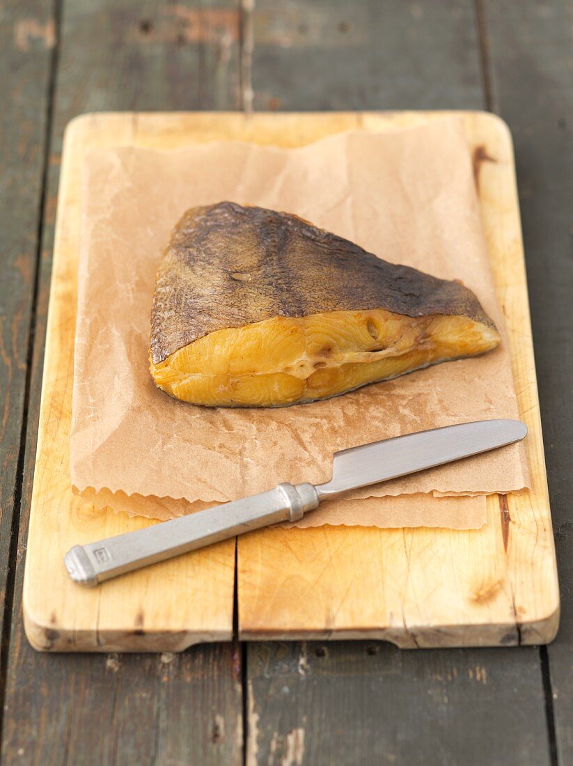 Smoked halibut on a chopping board