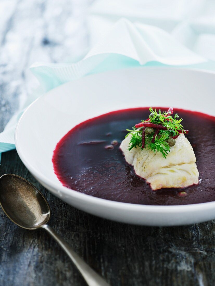 Beetroot soup with fish fillet