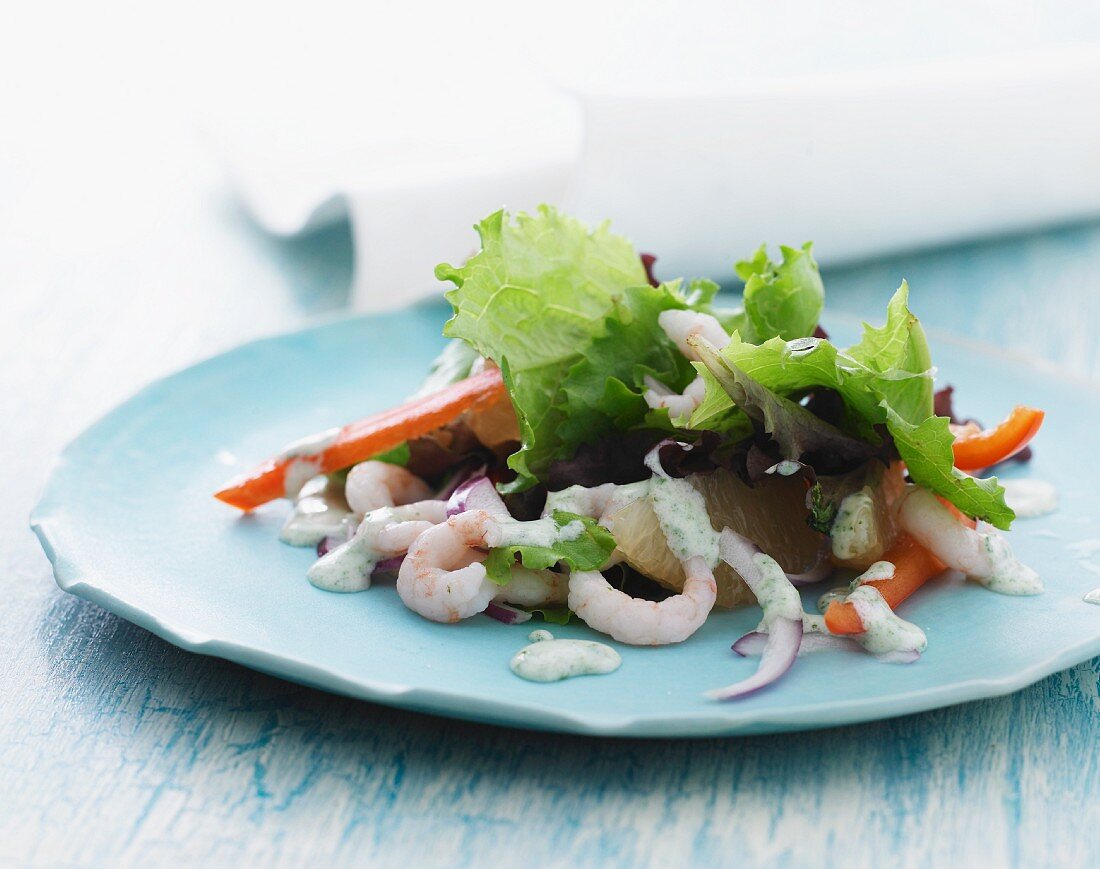 Blattsalat mit Shrimps, Paprika, Grapefruit und Kräuterdressing