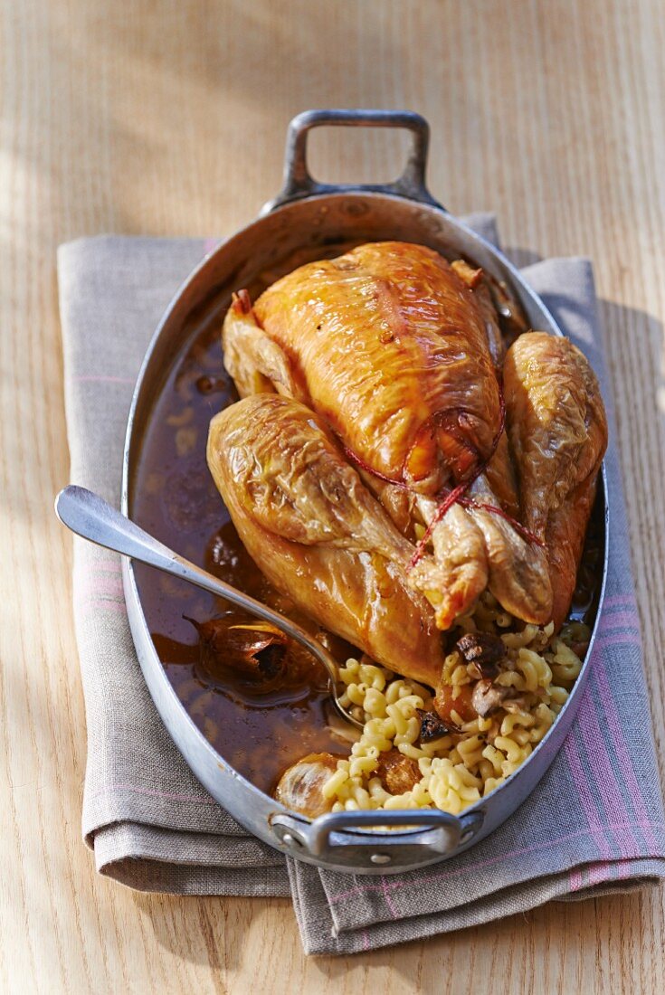 Chicken with a pasta and foie gras stuffing, France