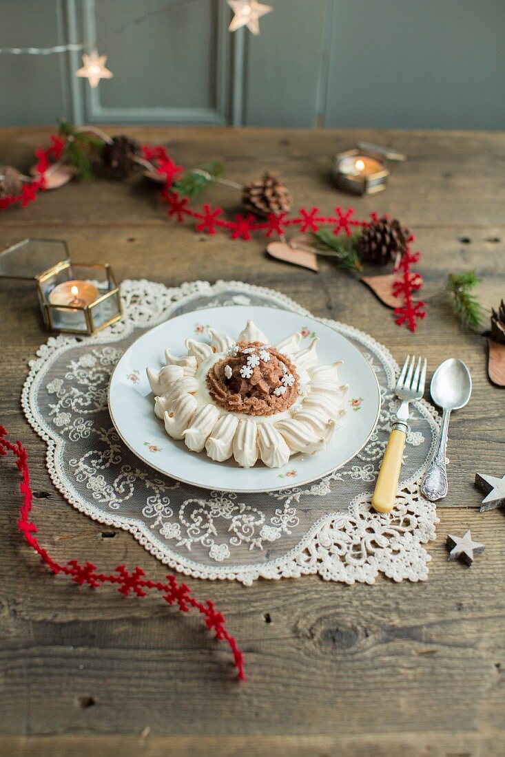 Mont Blanc pavlova with chestnut puree for Christmas