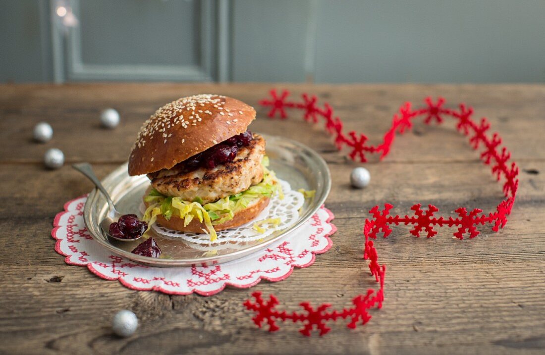 Christmas turkey burger with Brussels sprouts and cranberry sauce