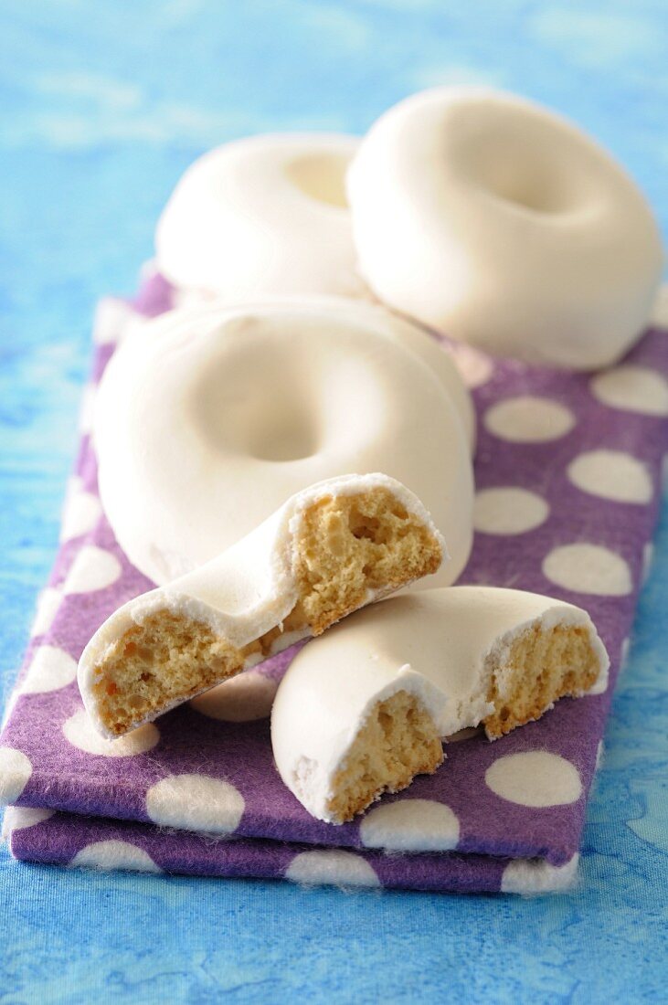 Rousquilles (ring-shaped biscuits covered with white icing, France)