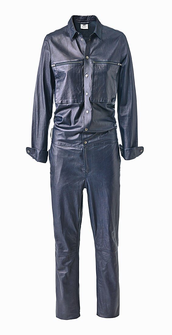 A dark-blue leather jumpsuit with press studs