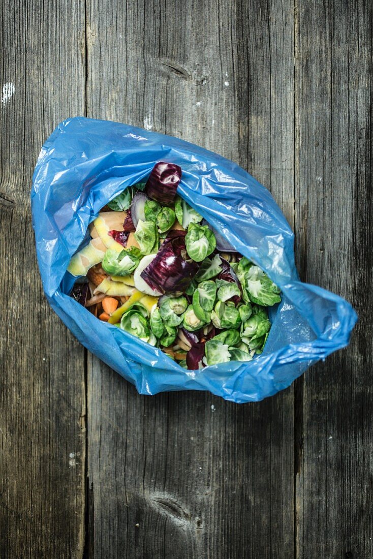 A dish of vegetables in a plastic bag