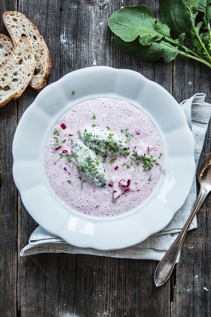 Kalte Radieschensuppe mit Kresse (Draufsicht)