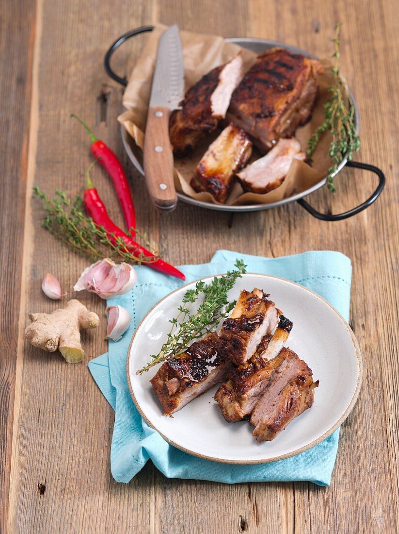Glazed grilled pork ribs with honey, ginger and soy sauce