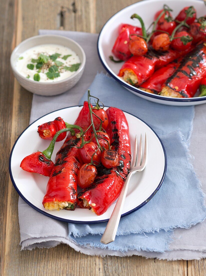 Grilled ramiro pepper stuffed with rice, lentils and feta cheese