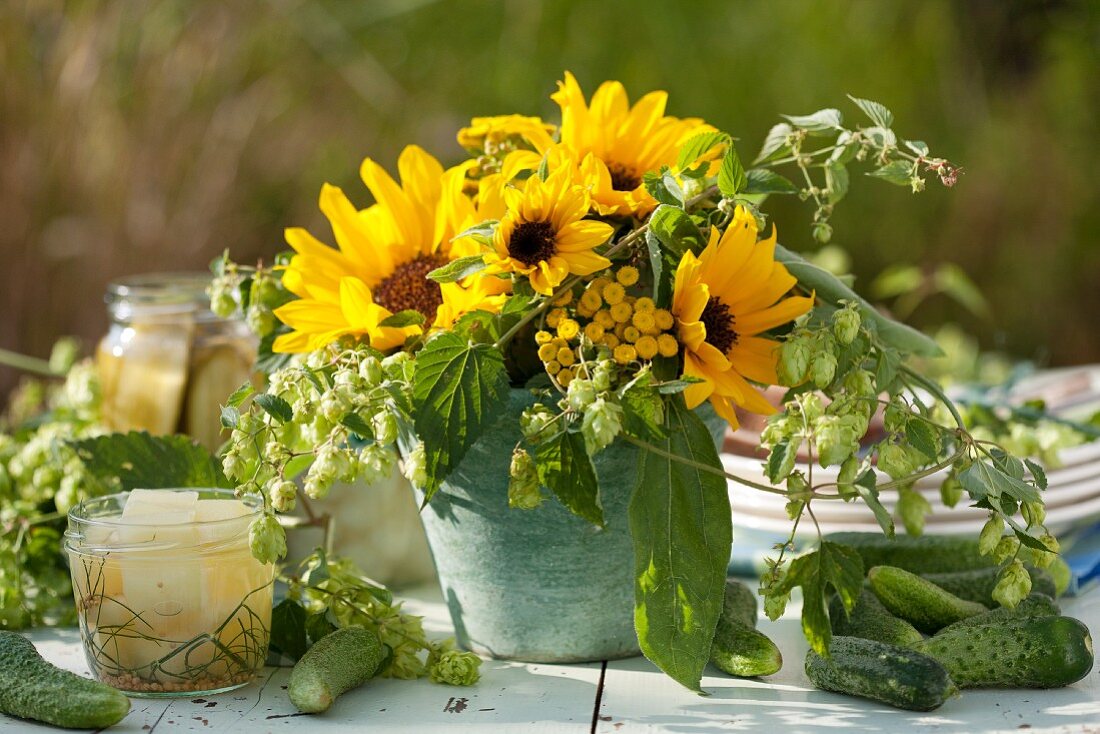 Bouquet of sunflowers, hops and tansy