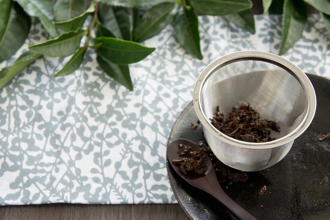 Überbrühte Teeblätter von Schwarzem Tee im Teesieb