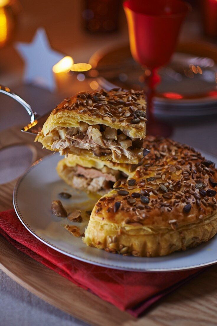 Puff pastry guinea fowl and foie gras pie (France)