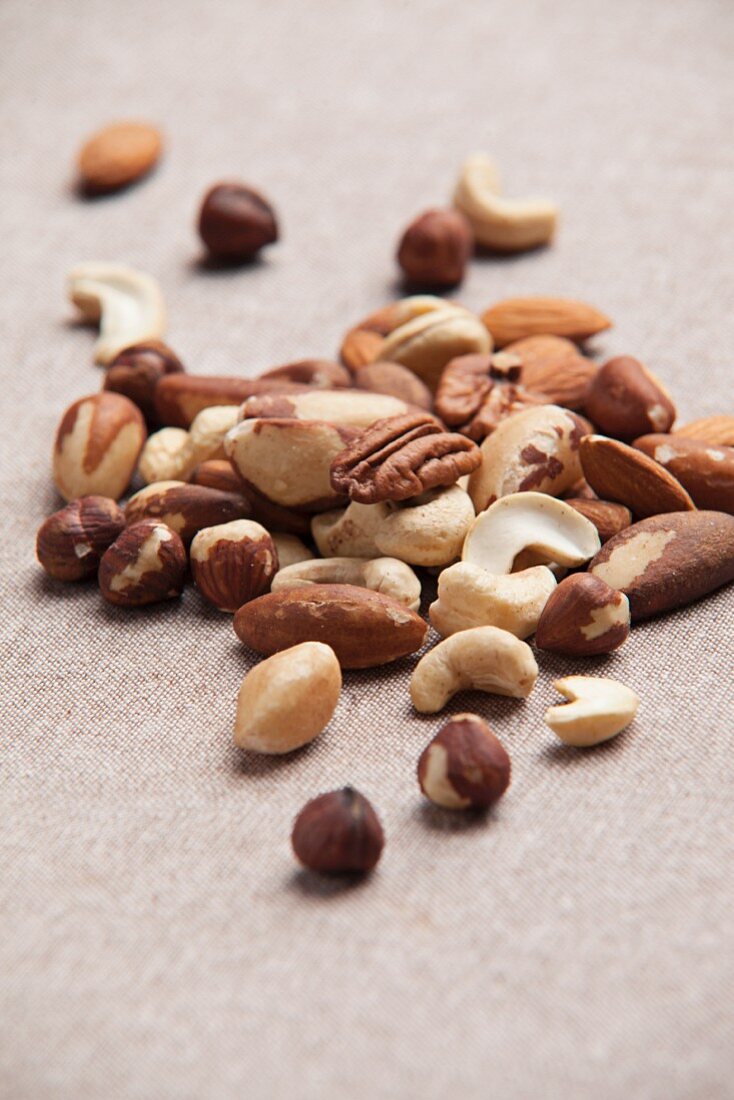 Mixed nuts on a tablecloth