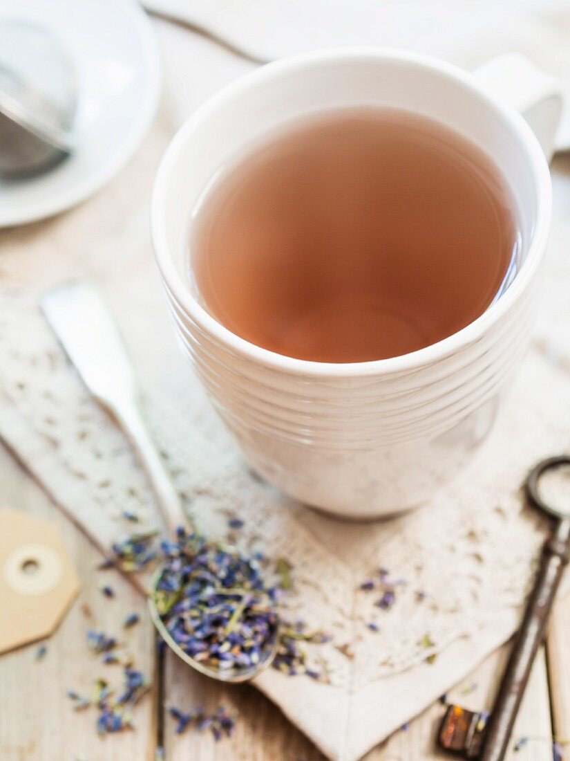 Lavender tea in a white cup