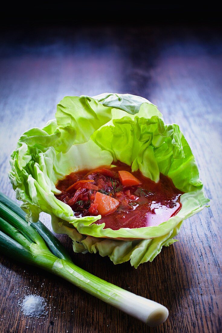 Borscht served in a lettuce leaf