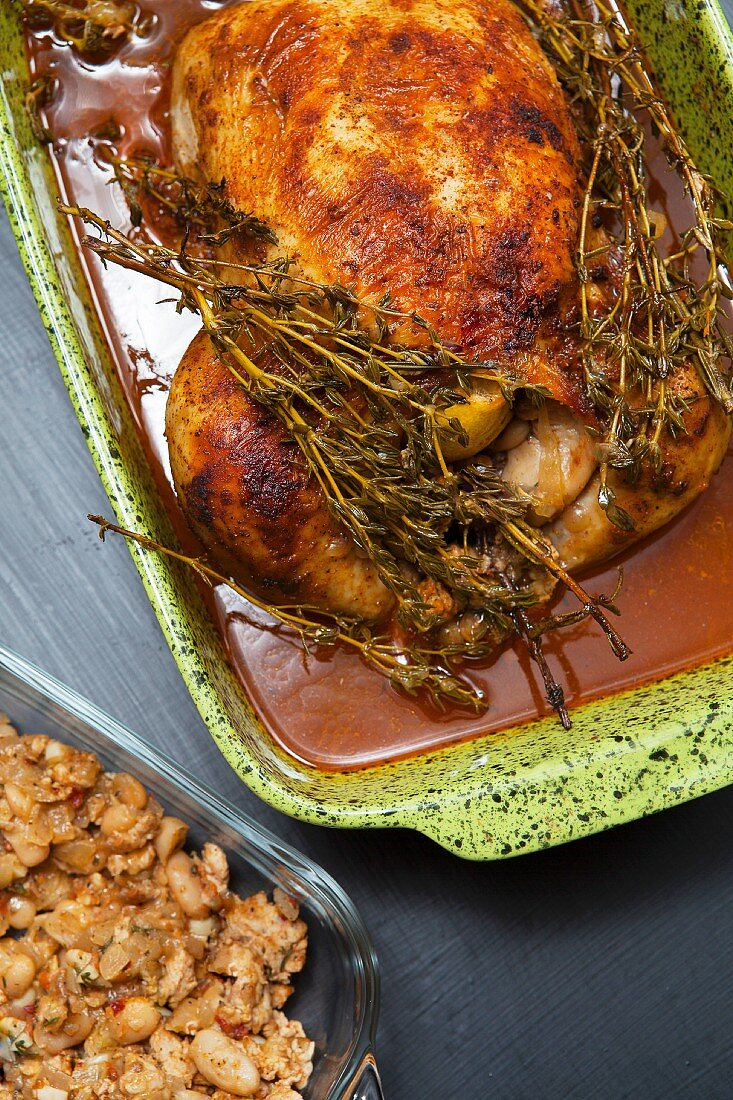 Roast chicken with thyme and a bean dressing