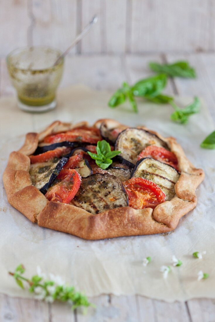 Tomato and aubergine galette with basil