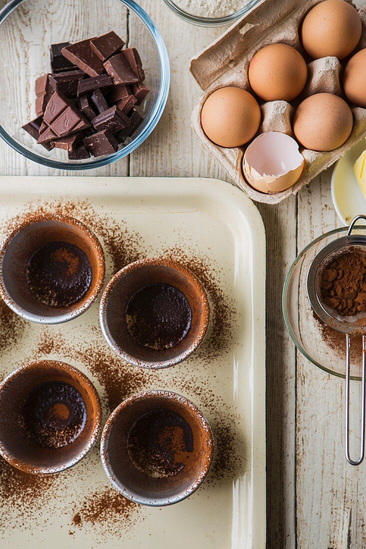 Ingredients for fondant au chocolat (chocolate, eggs, cocoa powder)