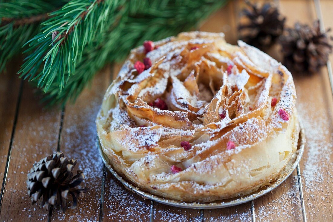 A filo pastry cake with dried strawberries for Christmas