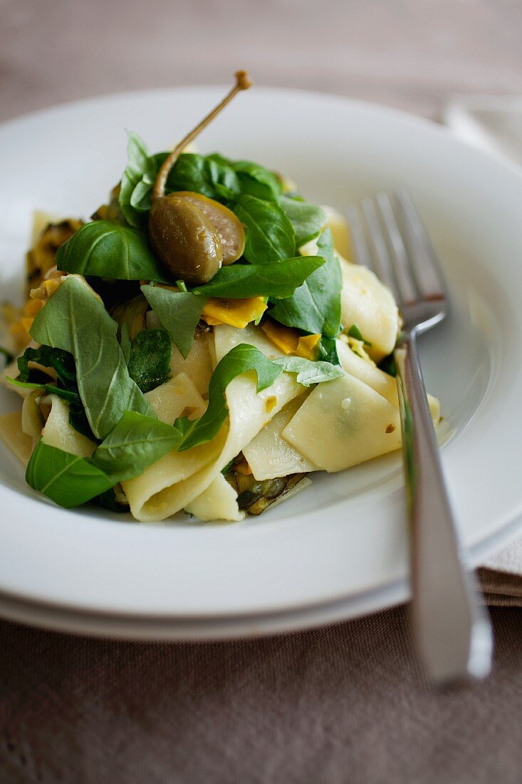 Pappadelle with courgette, lemons, basil, giant capers and rocket