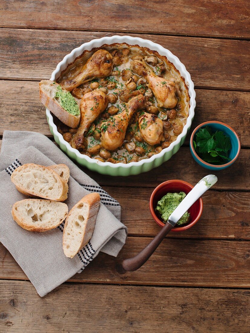 Chicken legs in a creamy mushroom sauce with parsley