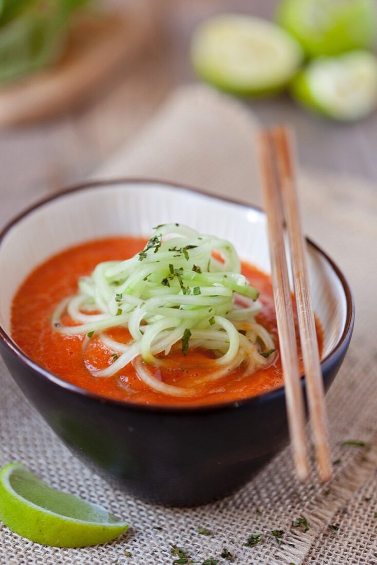 Tomato soup with mango and cucumber