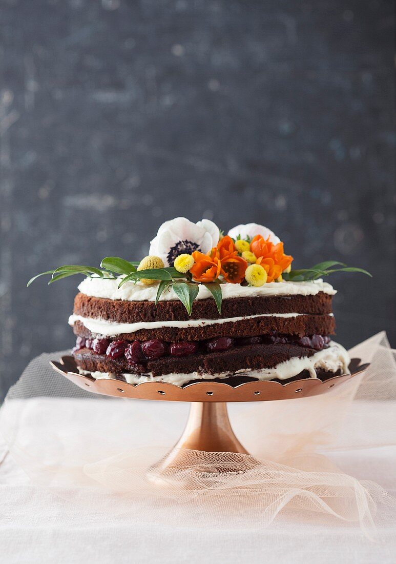 Black Forest Gateau decorated with flowers