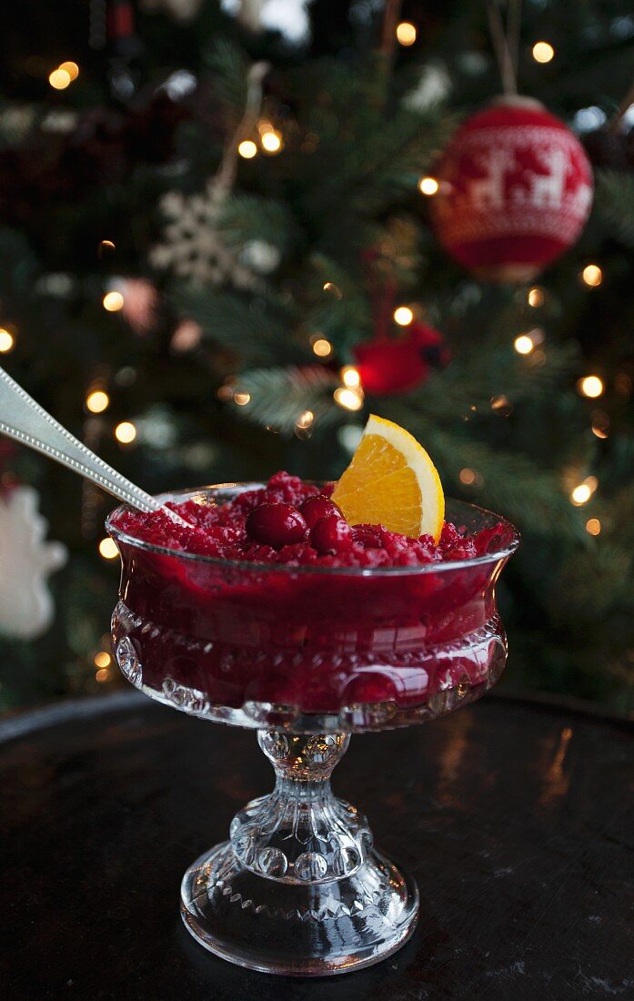 Cranberry sauce with and orange slice for Christmas