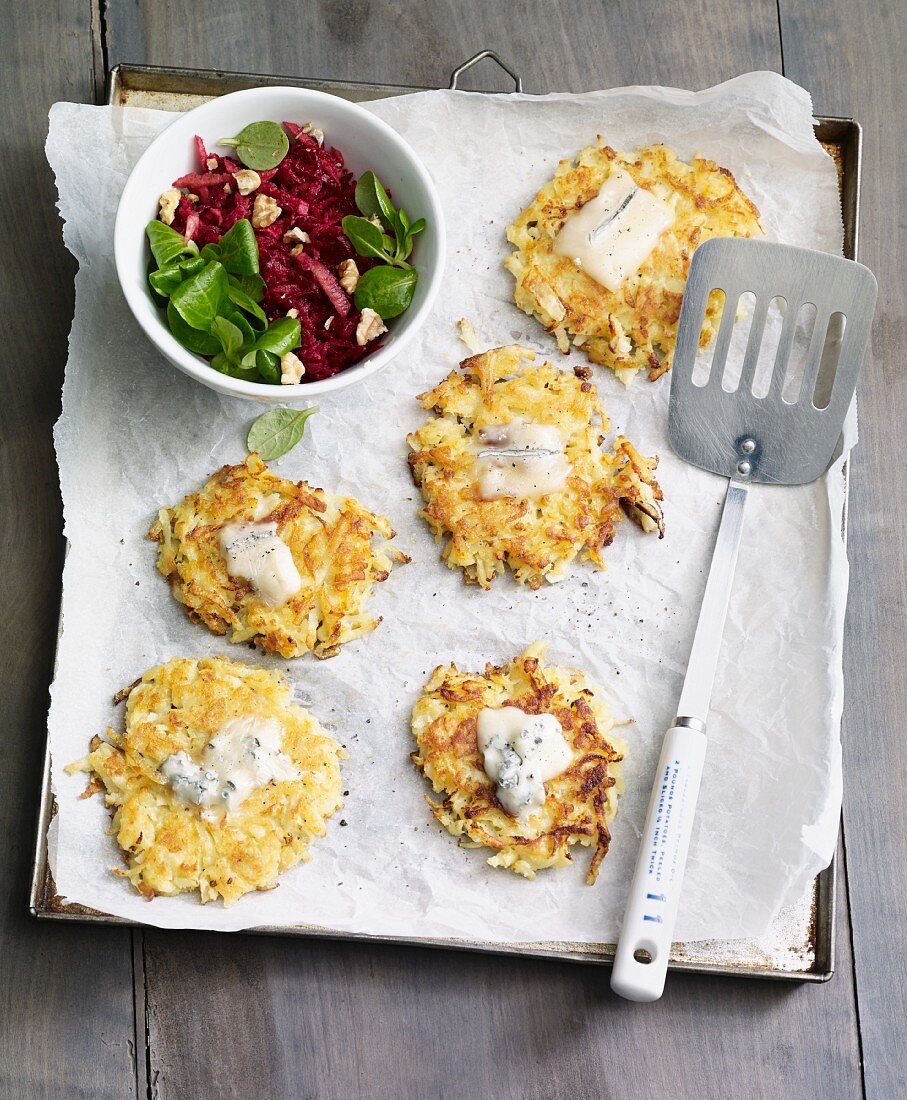 Mini potato and pear fritters served with a beetroot salad