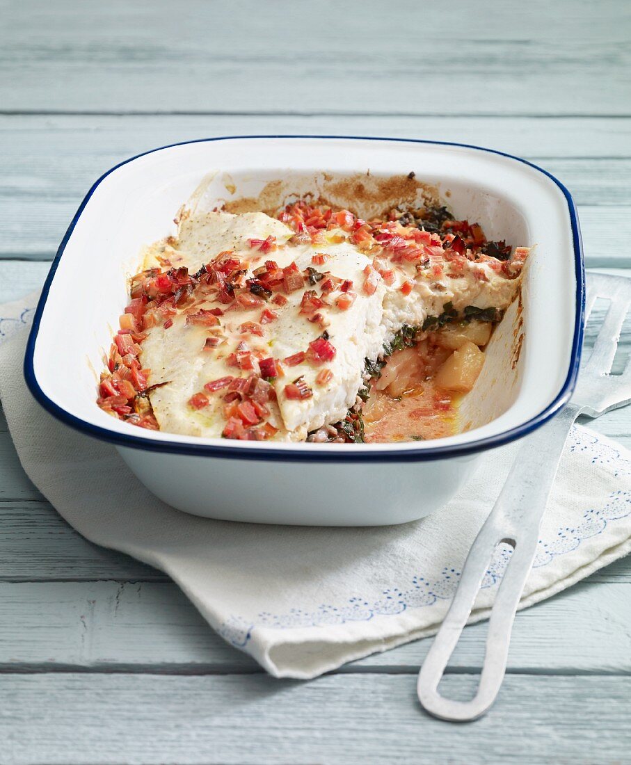 Baked plaice fillets with potatoes and chard