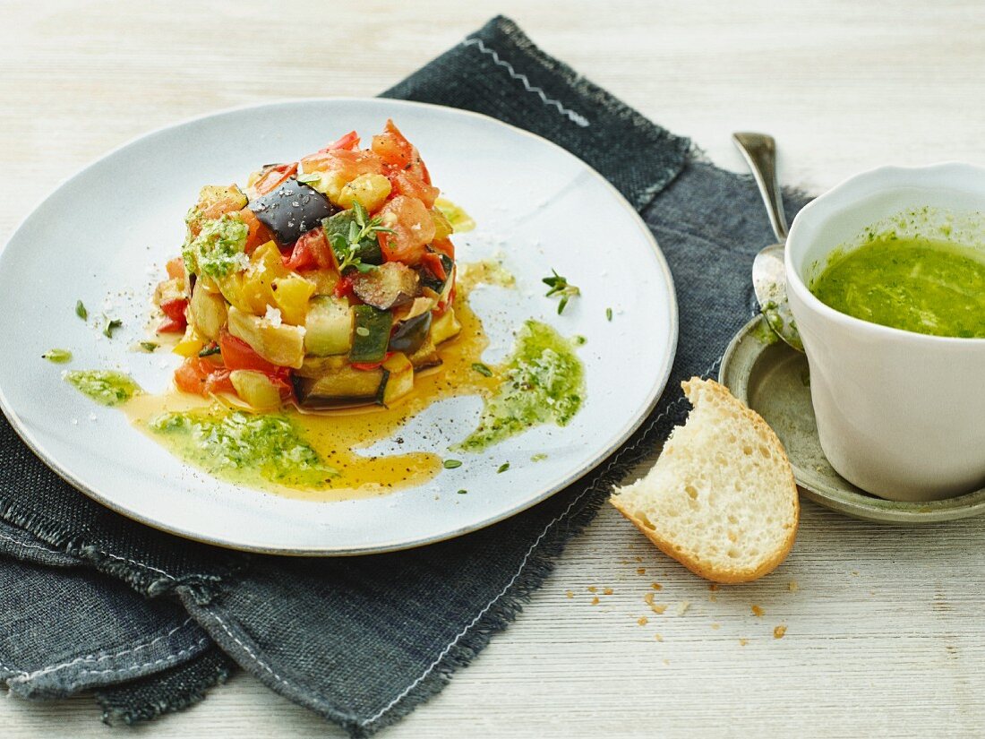 Oven-baked ratatouille with a pea sauce