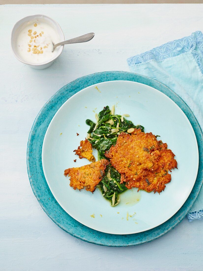 Carrot fritters with chard and nut yoghurt