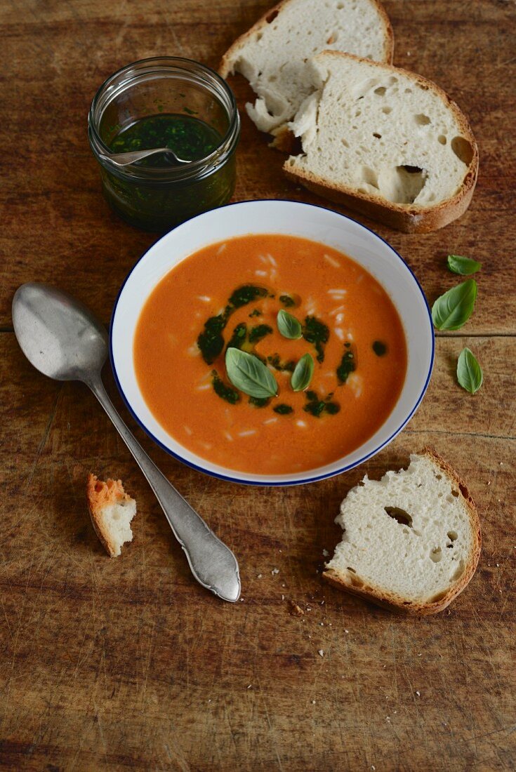 Italian tomato soup with rice and basil oil