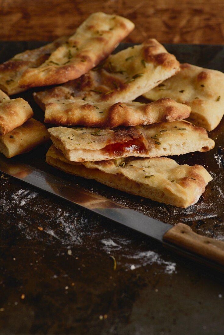 Pizza bianca with fig jam, rosemary and sea salt