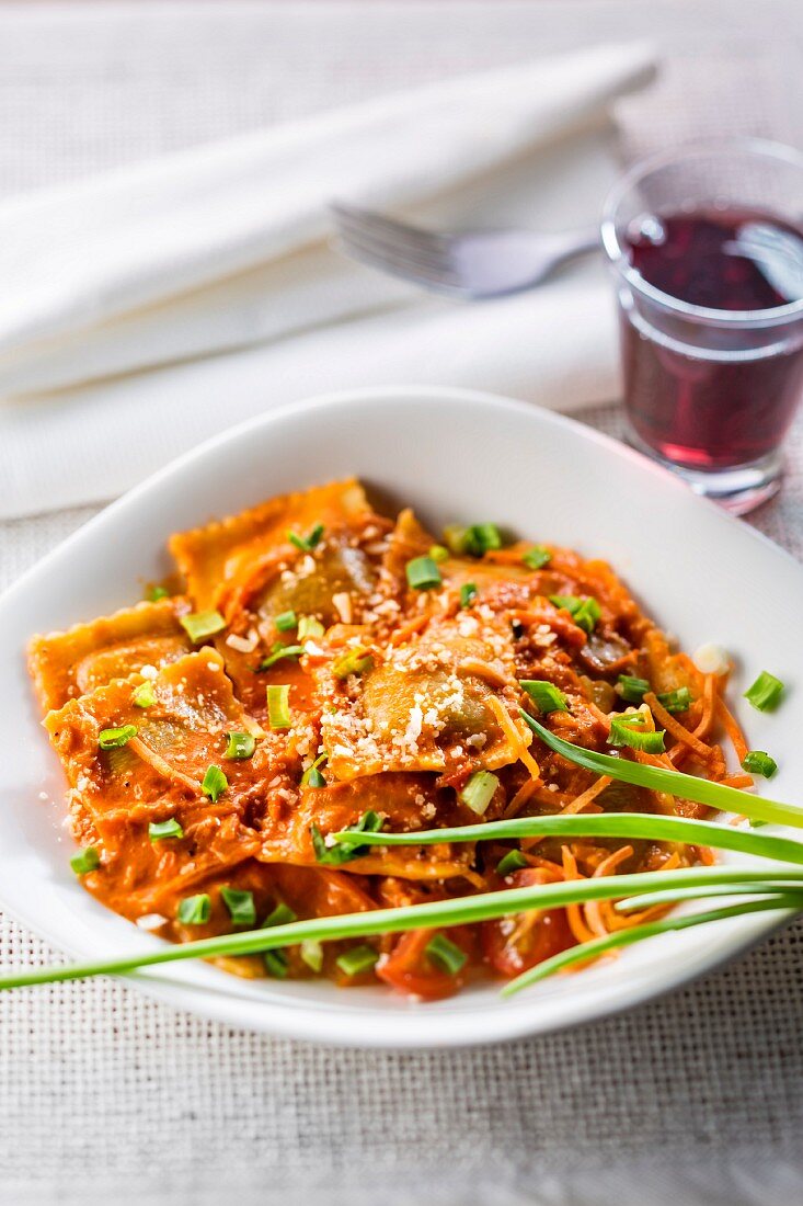 Ravioli with beef and spring onions