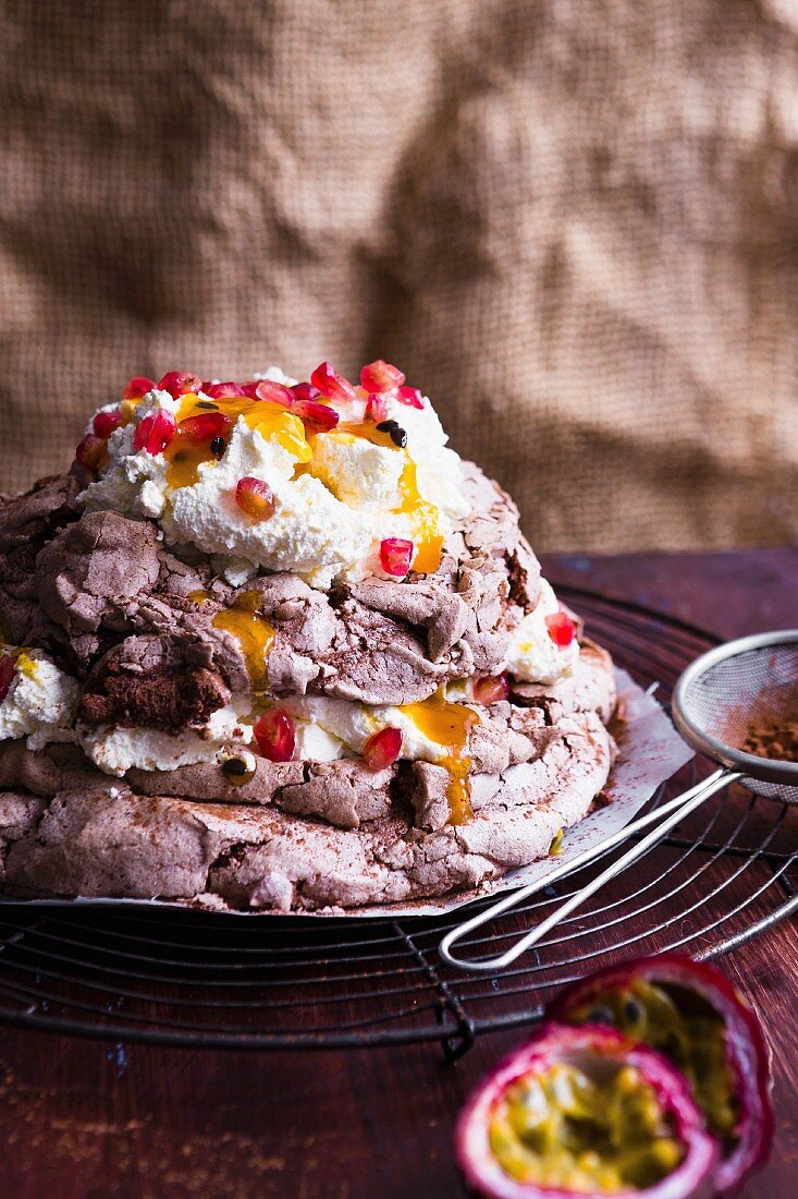 Chocolate pavlova with passion fruit