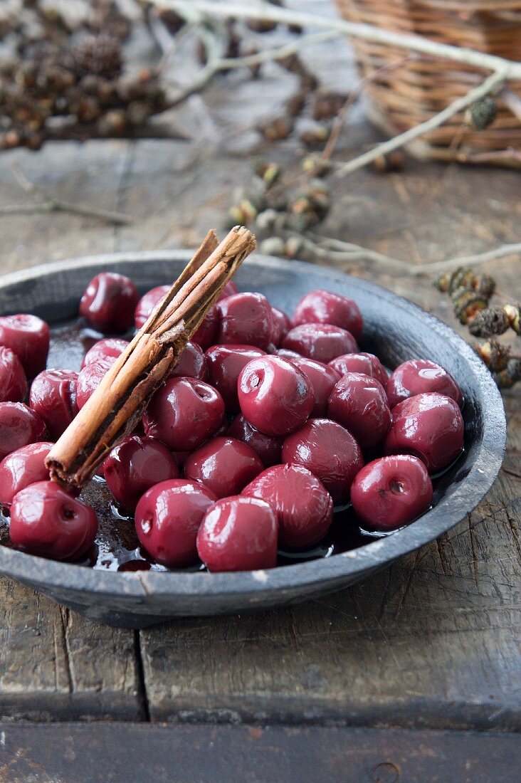 Preserved cherries with cinnamon sticks