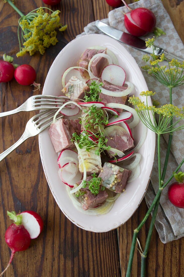 Schinkenwürfel in Aspik mit Zwiebelringen, Radieschen und Kresse