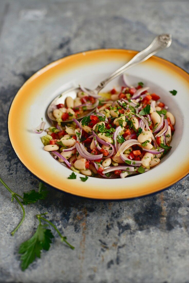 Türkischer Cannellinibohnen-Salat mit roten Zwiebeln, Spitzpaprika und Tahini