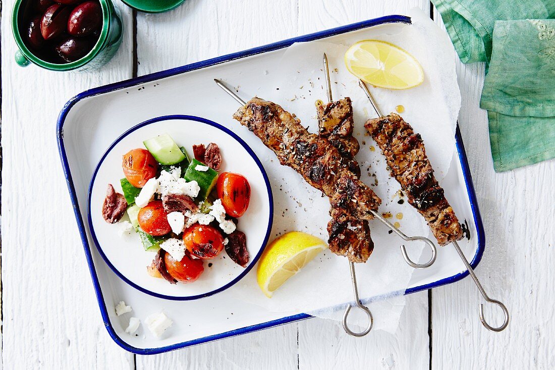 Souvlaki and Greek salad (seen from above)