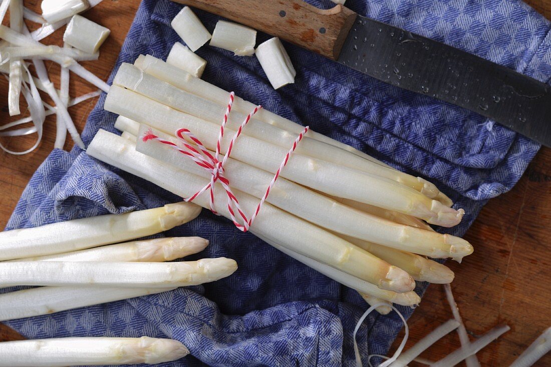 White asparagus, peeled and bundled