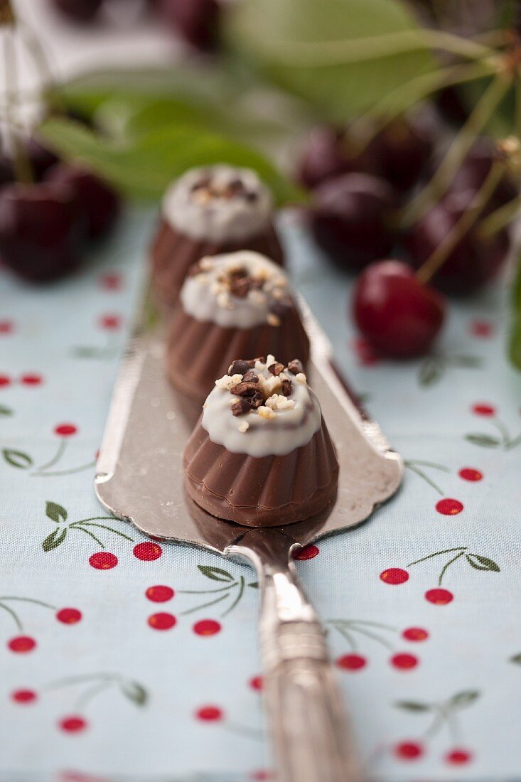 Pralines with Kirschwasser, cherries and cherry leaves