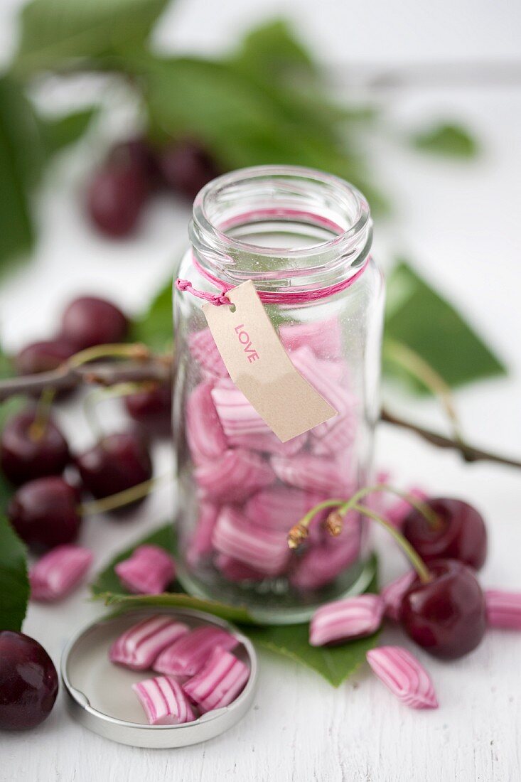 A jar of cherry bonbons