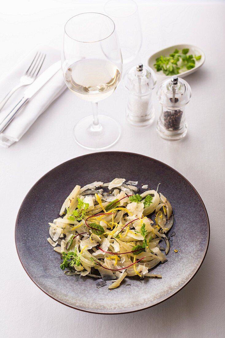 Fennel and melon carpaccio with Parmesan cheese