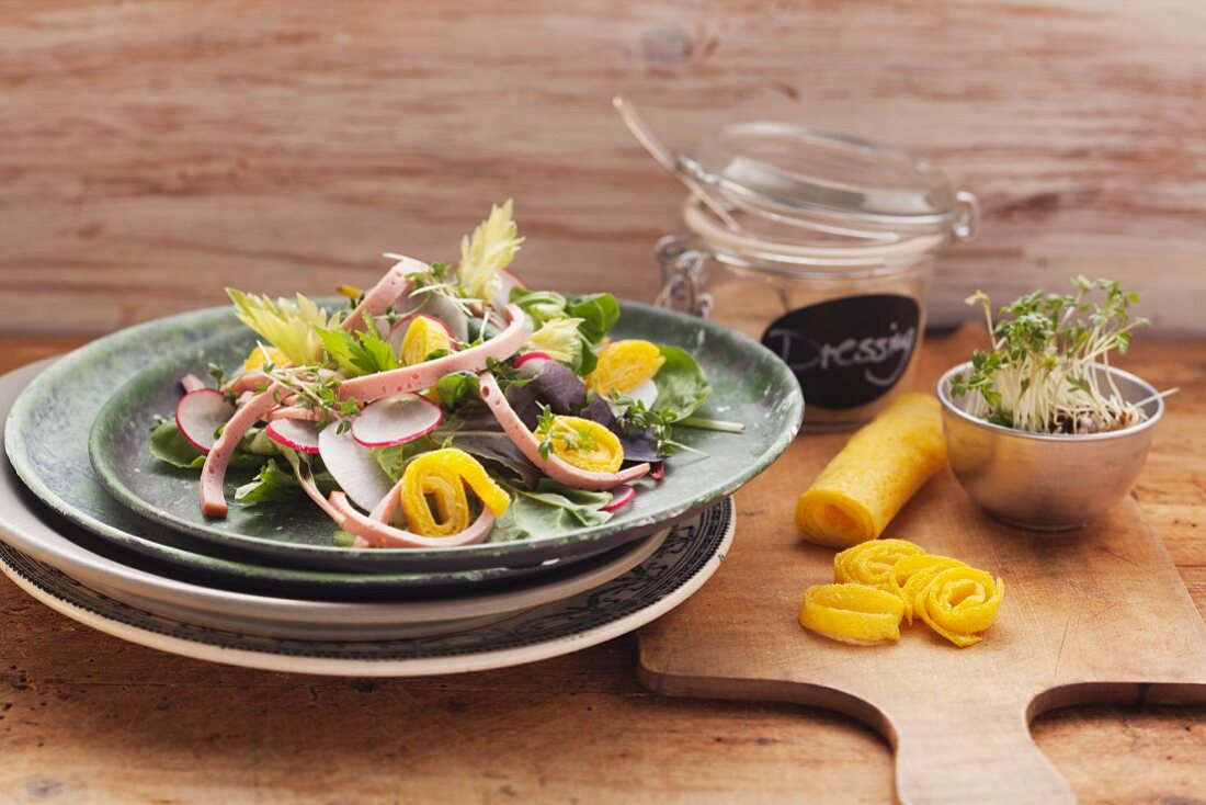 A beer garden salad with fresh radishes and strips of omelette