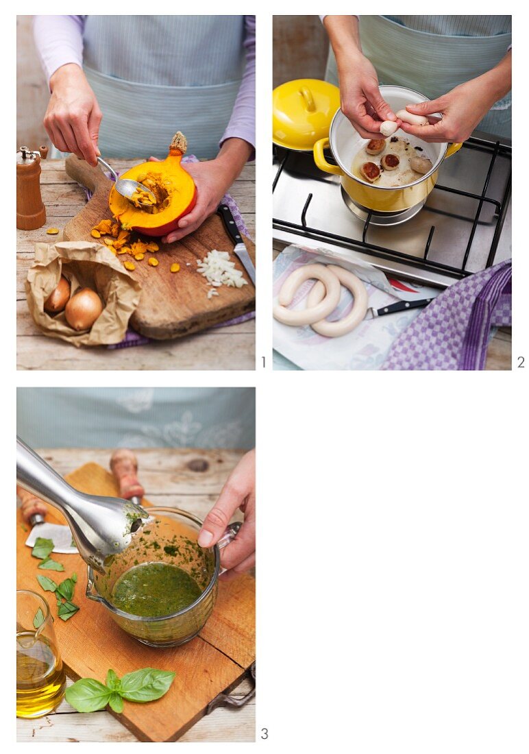 Kürbissuppe mit frischem Spinat und Kalbsbrät-Klösschen zubereiten