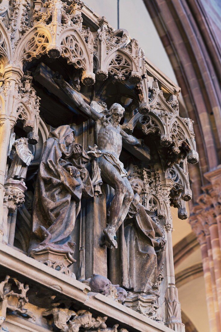 Jesus on the cross on the pulpit of the Strasbourg Cathedral