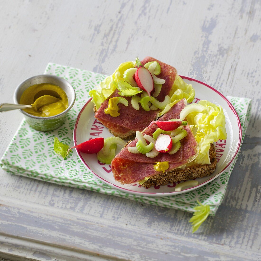 A corned beef sandwich with celery and radishes