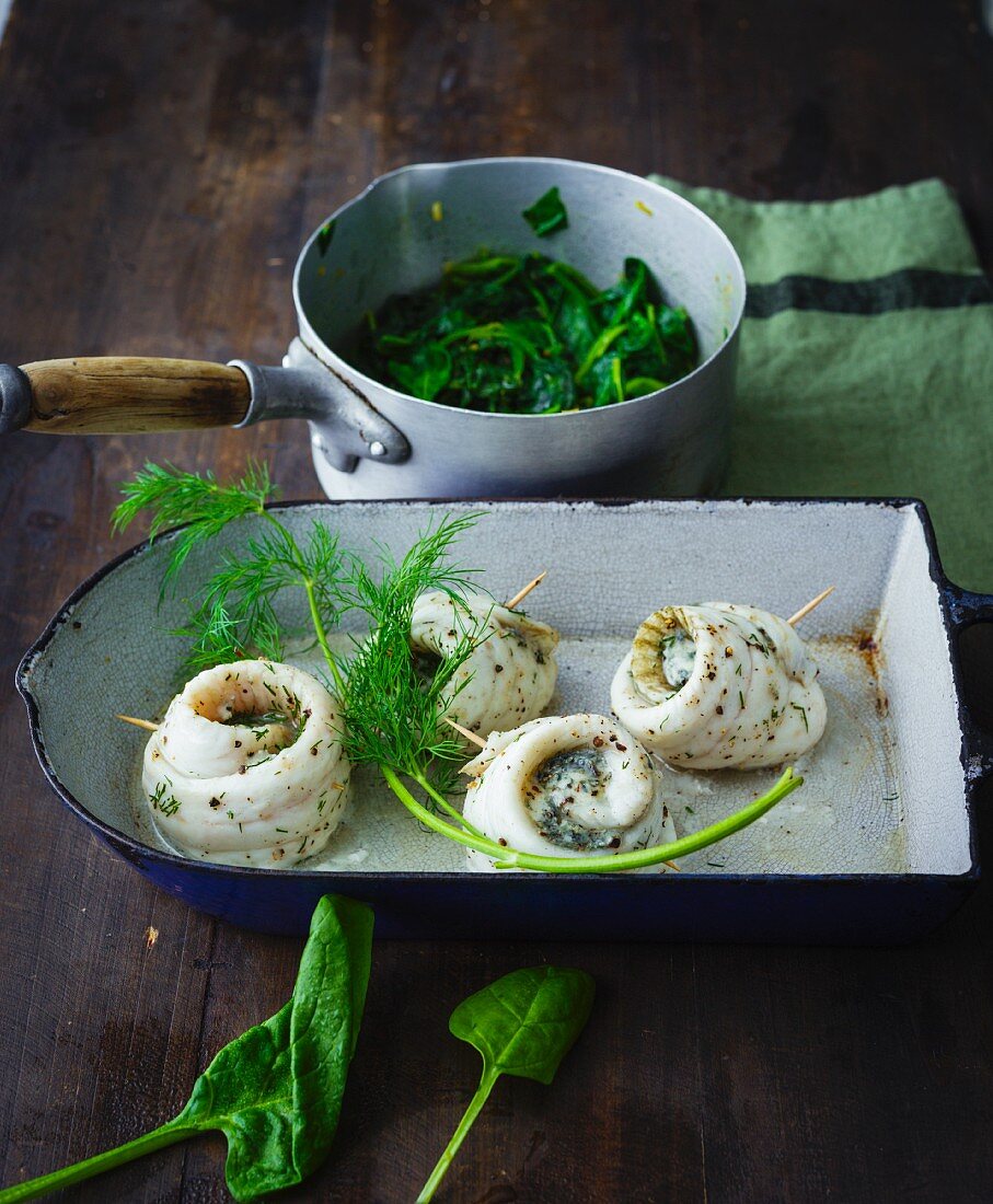 Stuffed plaice rolls with gourmet mushroom cheese and fresh spinach