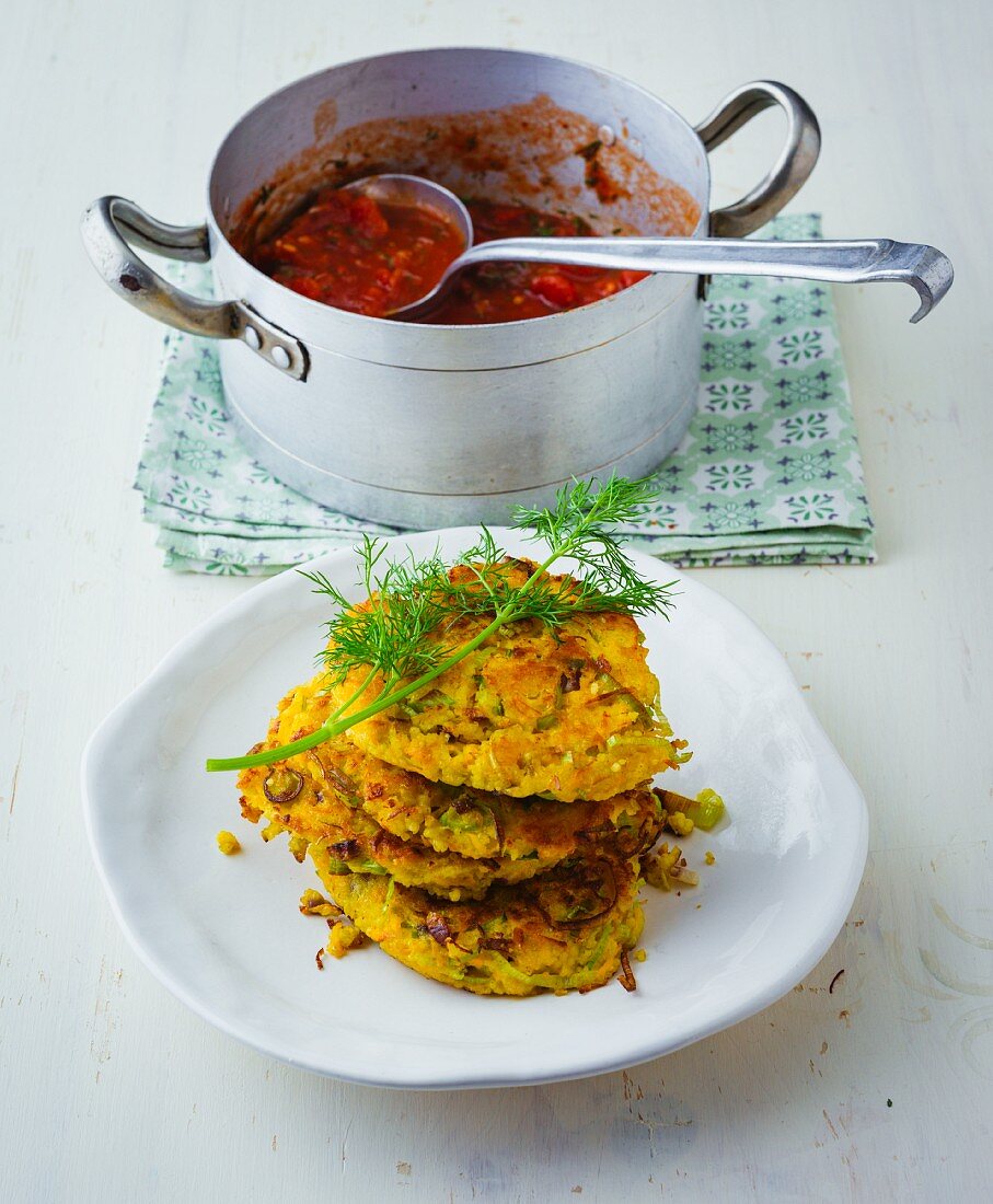 Leek and millet cakes with a fresh tomato sauce