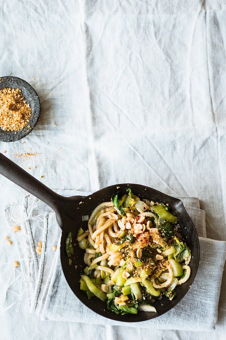 Stir-fried udon noodles with bok choy
